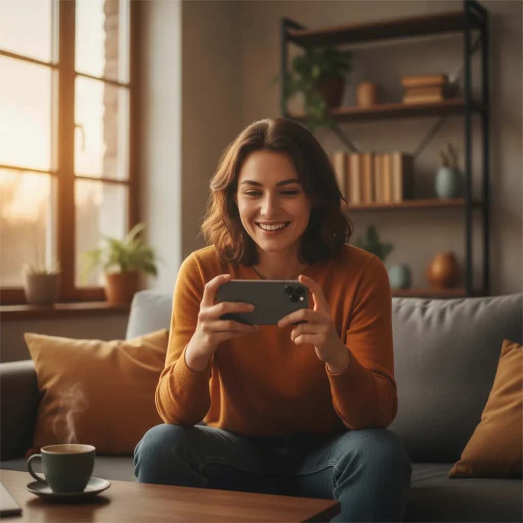 Pessoa segurando celular sorrindo ao receber mensagem