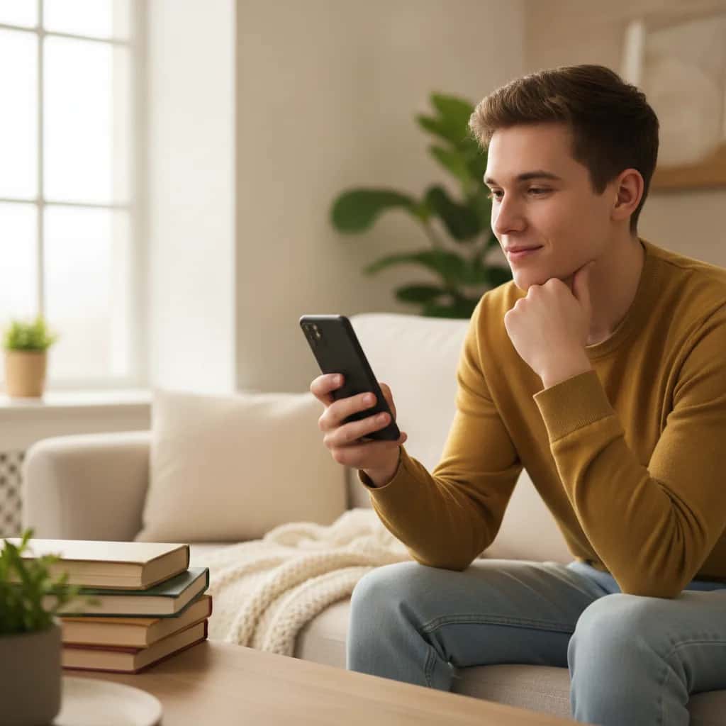 Pessoa olhando para o celular com dúvida sobre como responder perguntas sobre o passado