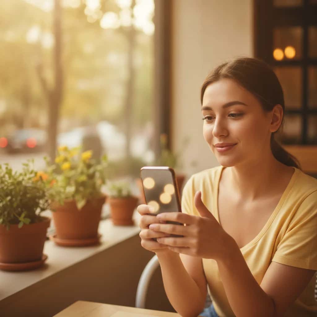 Pessoa segurando celular com sorriso misterioso, pensando em como responder quando o crush pede foto