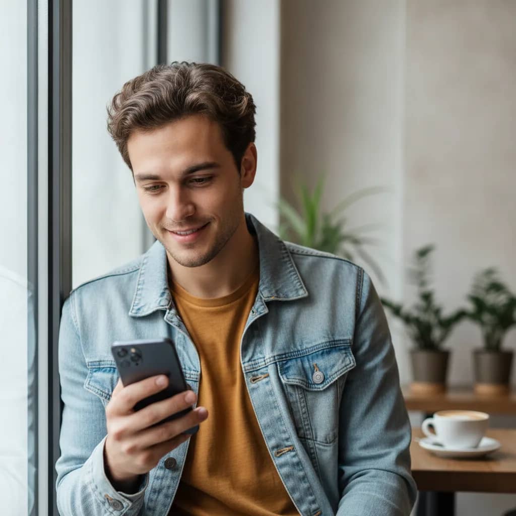 Pessoa olhando para o celular sorrindo ao receber uma foto do crush