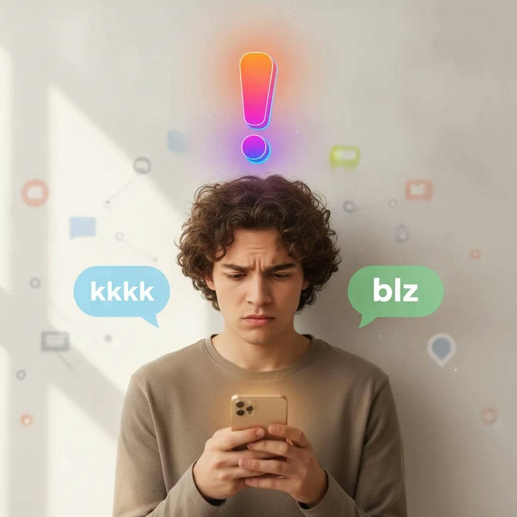 Pessoa jovem olhando para o celular com expressão de dúvida, com balões de mensagem de 'kkkk' e 'blz' na tela