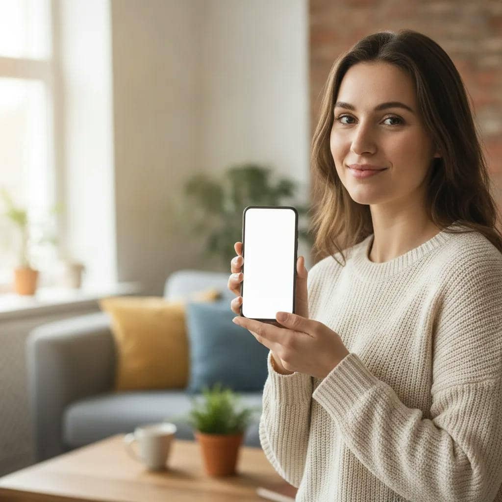 Pessoa sorrindo ao ler uma mensagem no celular sobre planos para o fim de semana