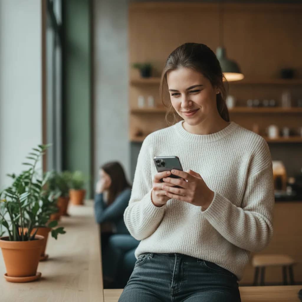 Pessoa sorrindo enquanto olha para o celular, pensando no que responder quando perguntam por que estou solteiro