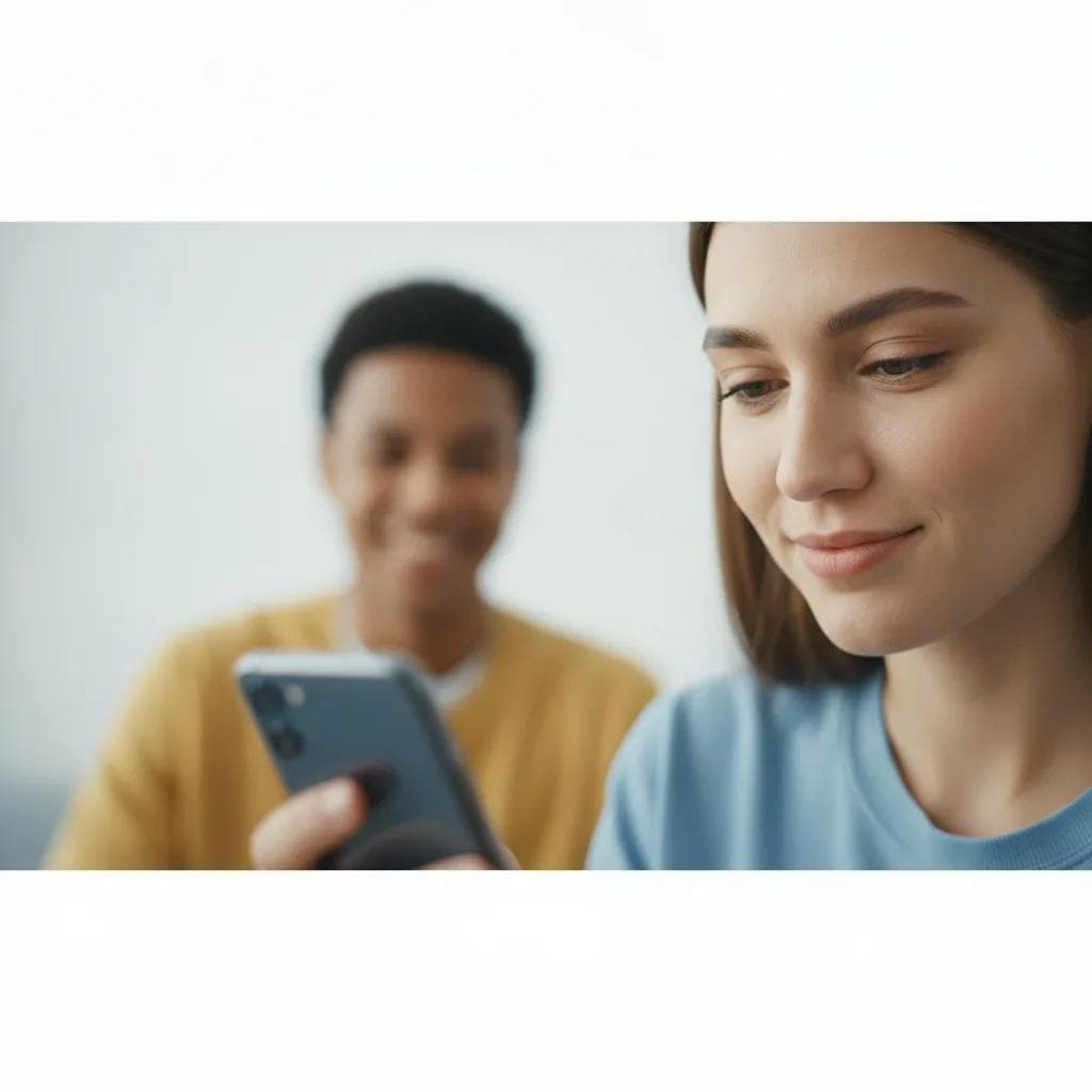 Jovem ouvindo um áudio no celular com expressão de surpresa e pensamento, crush sorrindo ao fundo