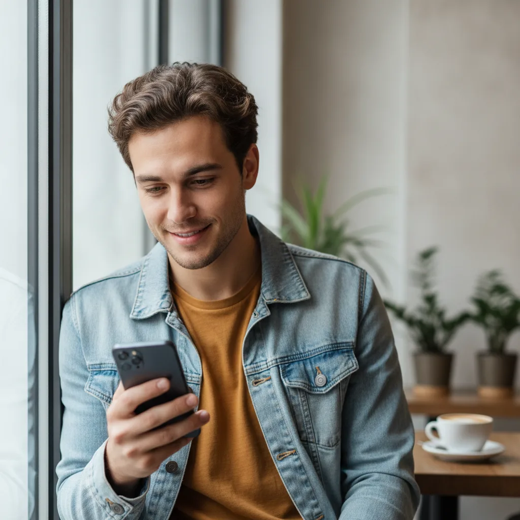 Pessoa olhando para o celular sorrindo ao receber uma foto do crush