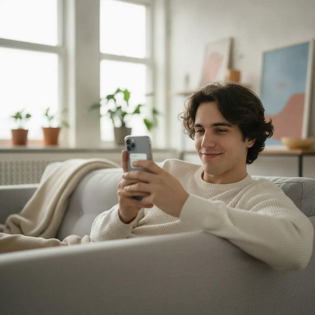 Pessoa segurando celular sorrindo ao pensar como responder o que está fazendo crush