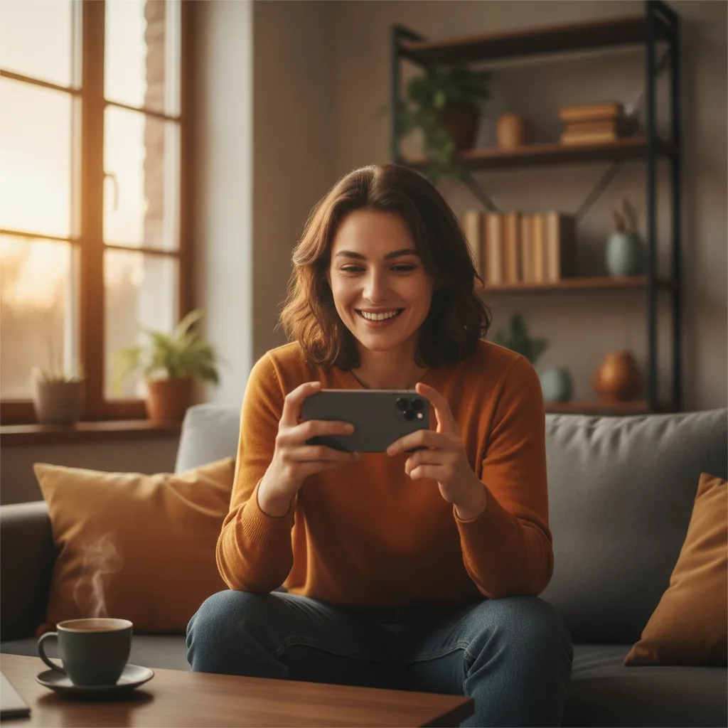 Pessoa segurando celular sorrindo ao receber mensagem