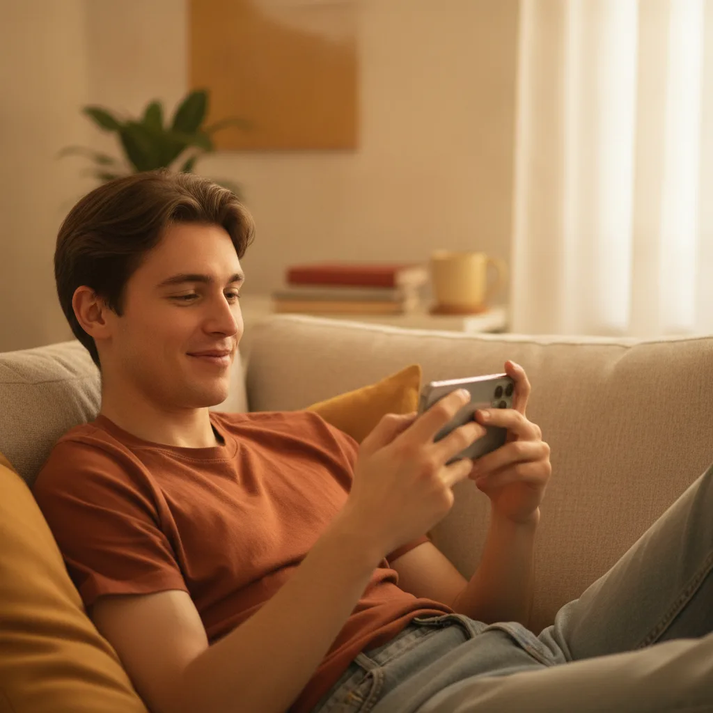 Pessoa sorrindo ao olhar para o celular, conversando com crush sobre preferência