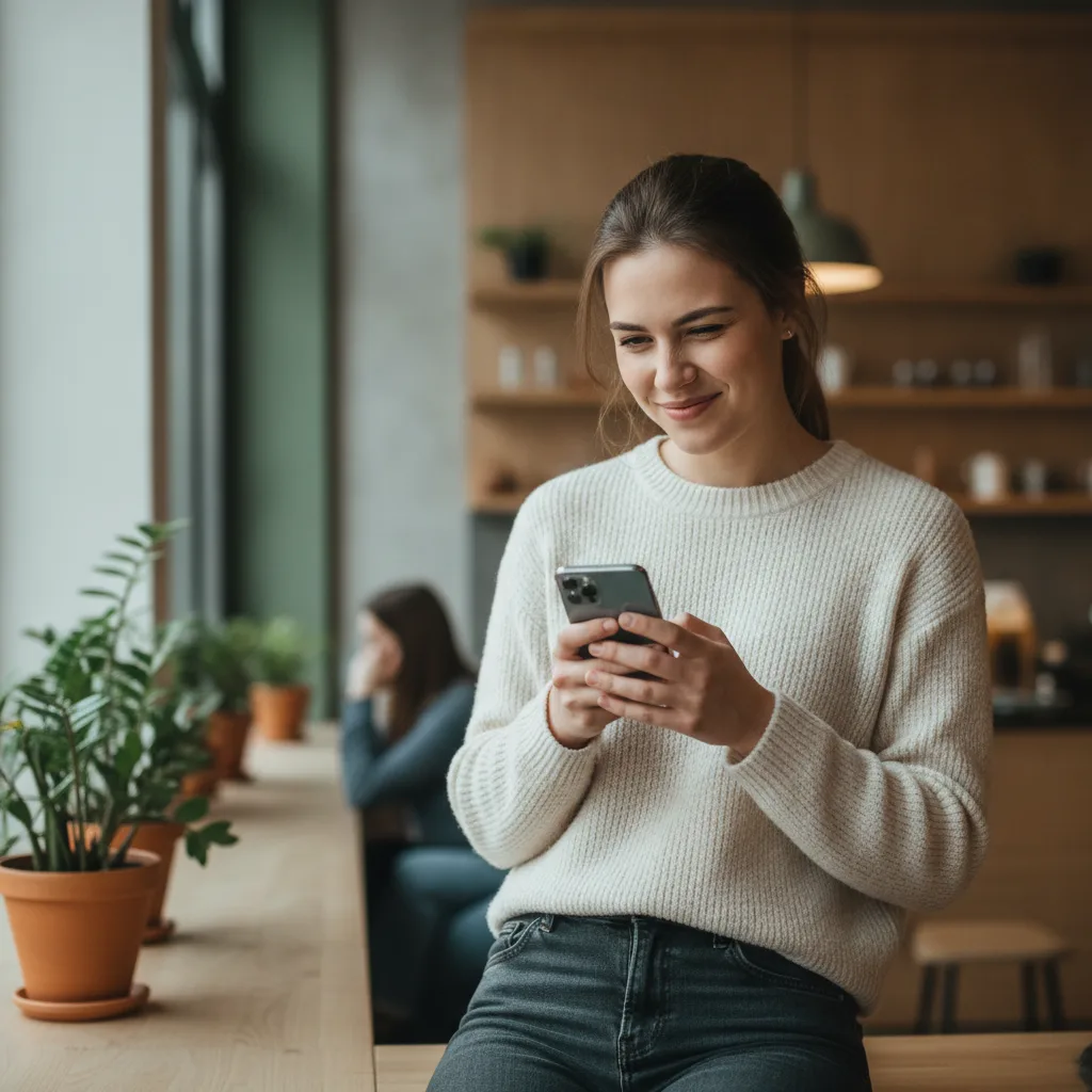 Pessoa sorrindo enquanto olha para o celular, pensando no que responder quando perguntam por que estou solteiro