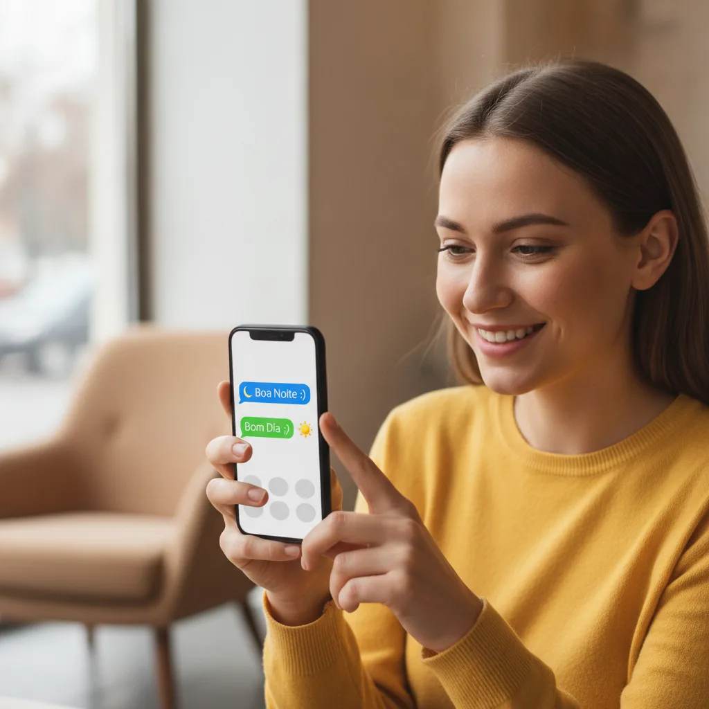 Jovem sorrindo ao olhar para o celular com notificações de mensagem de um crush